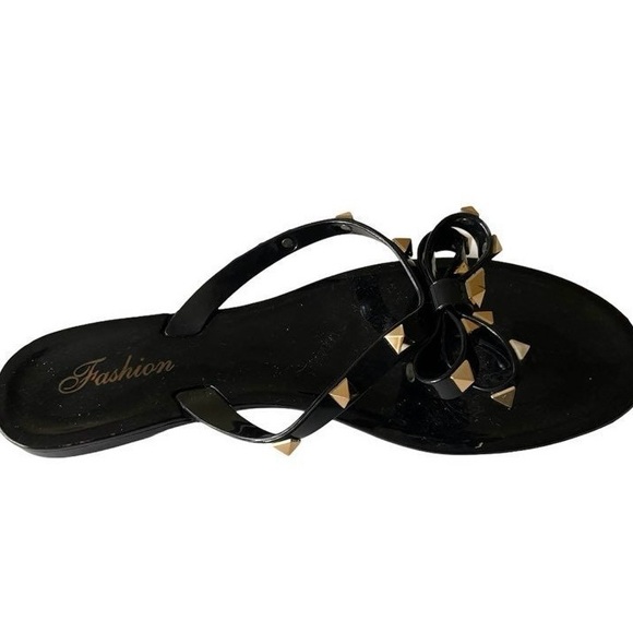 Fashion Black and Gold Studded Sandals - Picture 3 of 5